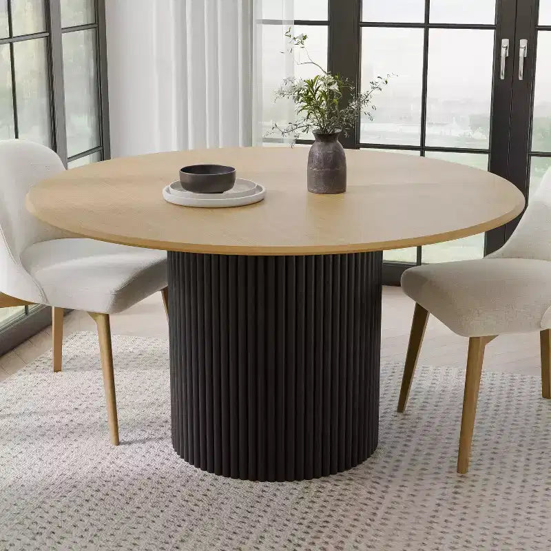PexFix Tavolo da pranzo rotondo in legno da 52 pollici, Tavolo da cucina per 4-6 persone con bordo curvo e gambe a cilindro concavo per soggiorno/sala da pranzo, caffè, ufficio, naturale