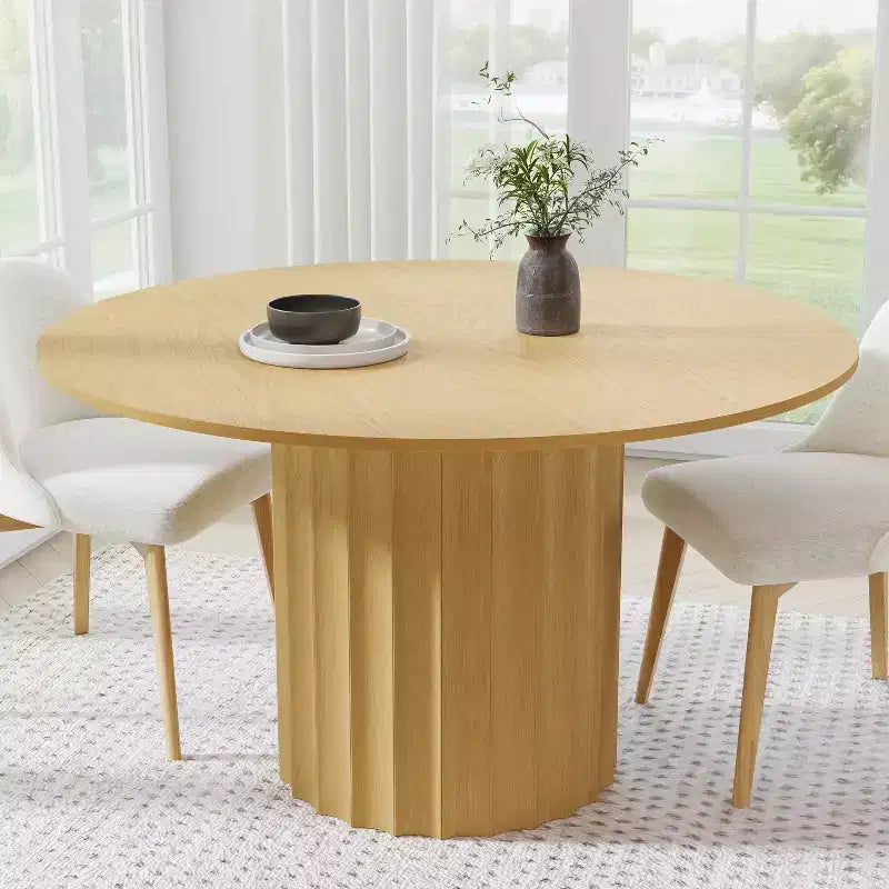 PexFix 52 Tavolo da pranzo rotondo in legno massello Tavolo da cucina per 4-6 persone con piano e base cilindrica scanalata per soggiorno/sala da pranzo Caffè Ufficio Naturale