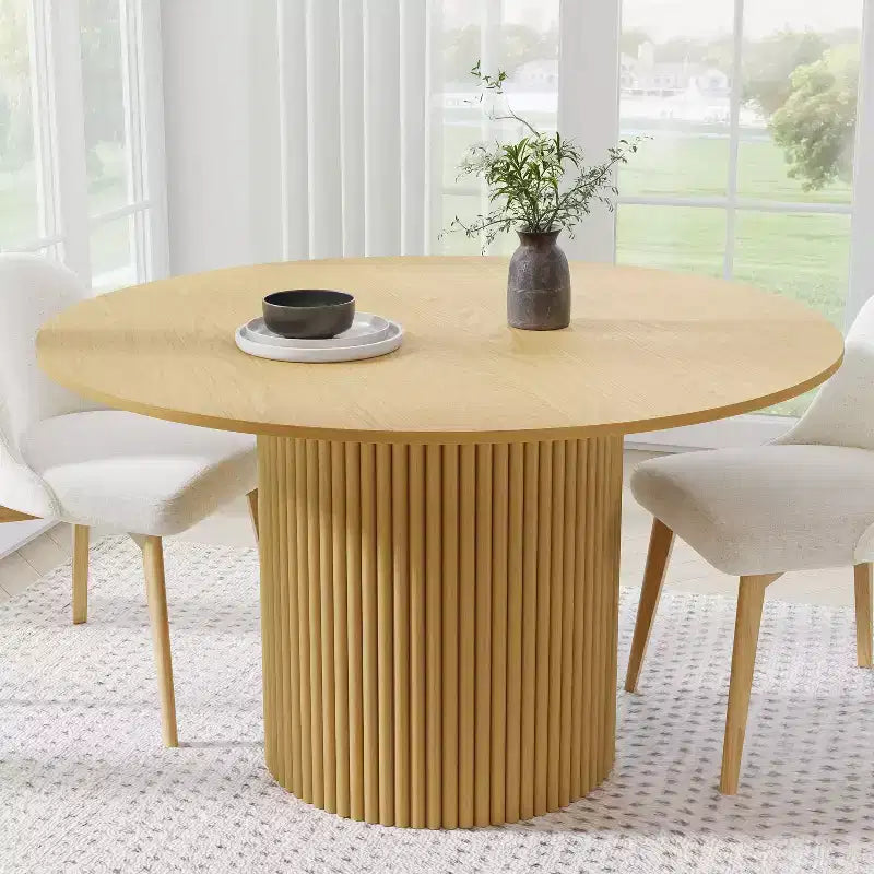 PexFix 52 Tavolo da pranzo rotondo in legno massello Tavolo da cucina per 4-6 persone con piano del tavolo e gambe cilindriche concave per soggiorno/sala da pranzo, ufficio, colore naturale