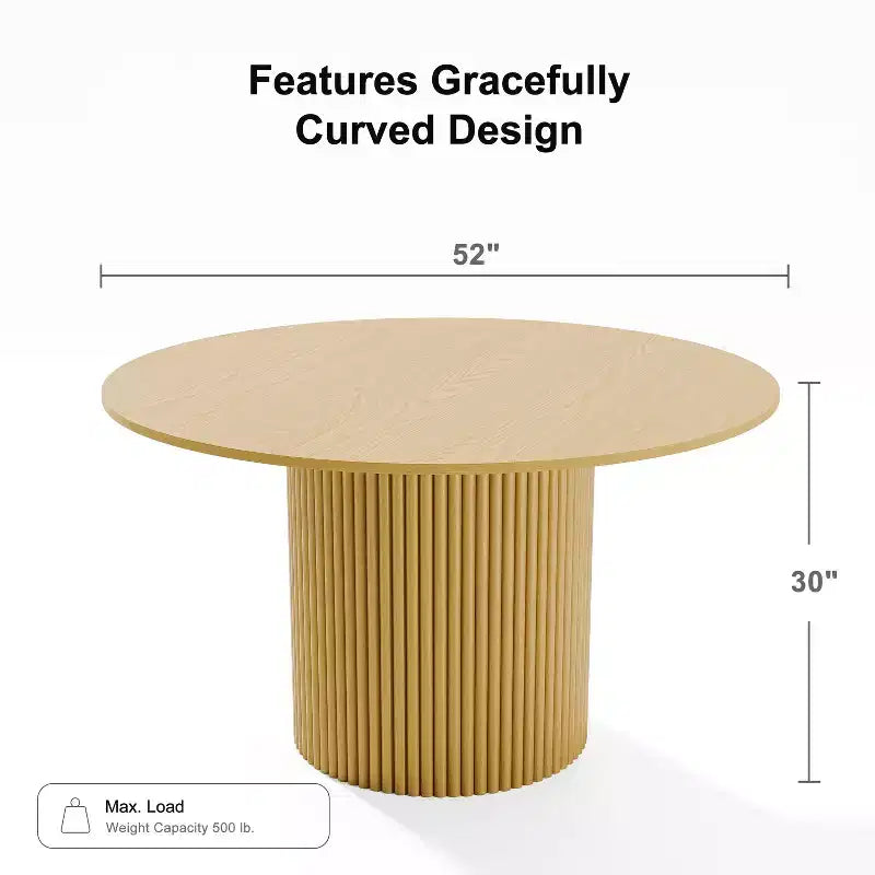 PexFix 52 Tavolo da pranzo rotondo in legno massello Tavolo da cucina per 4-6 persone con piano del tavolo e gambe cilindriche concave per soggiorno/sala da pranzo, ufficio, colore naturale