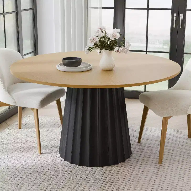 PexFix 52 Tavolo Rotondo da Pranzo in Legno Massello Tavolo da Cucina per 4-6 con Piano e Base Conica Scanalata per Soggiorno/Sala da Pranzo Caffè Ufficio Naturale