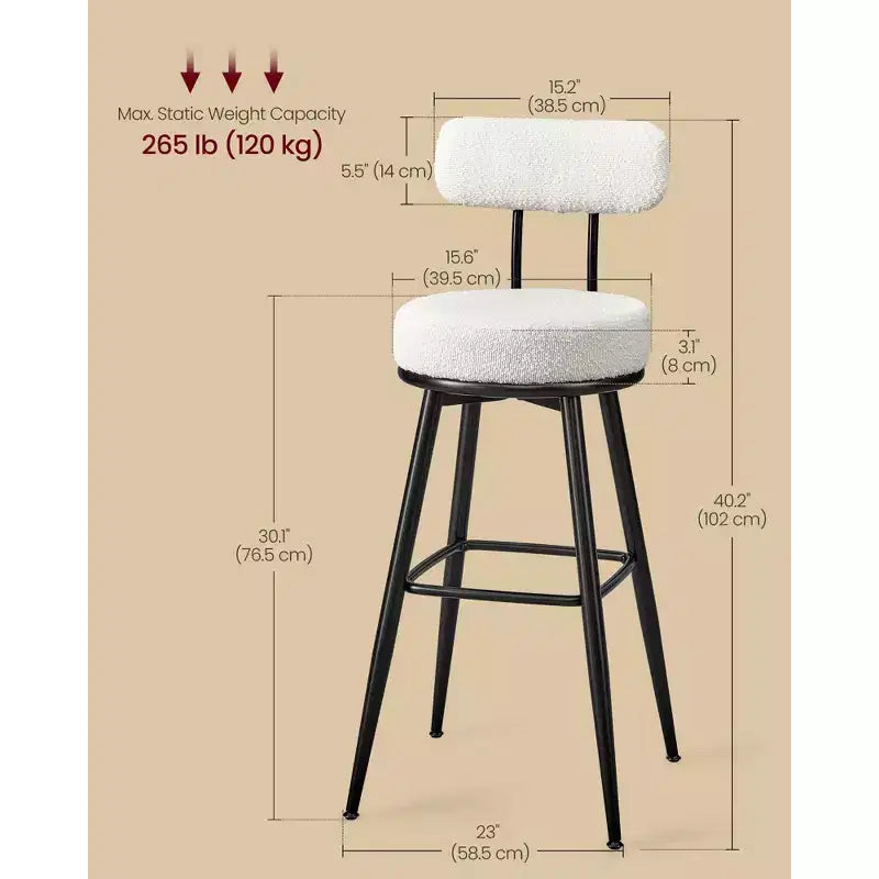 Set di 2 moderni sgabelli da bar girevoli in tessuto bouclé, rotazione a 360° e seduta ampia, sgabelli da bar alti 76,4 cm con schienale, bianco nuvola