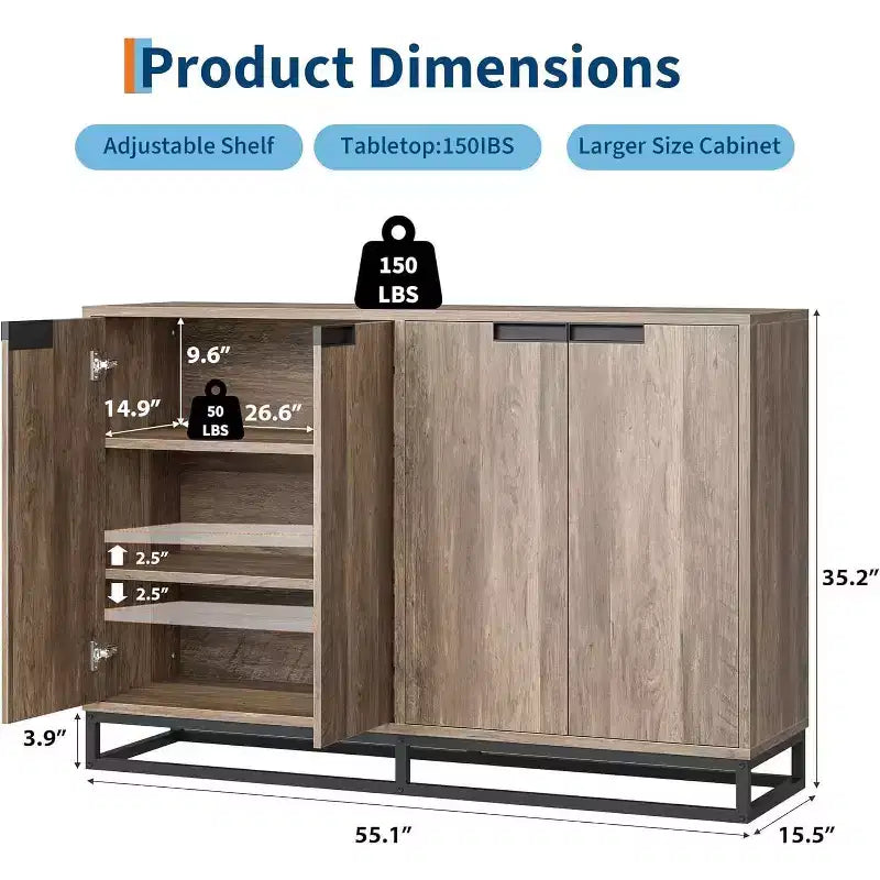 Credenza buffet moderna da 140 cm - Madia da cucina con 4 ante e ripiani regolabili per sala da pranzo