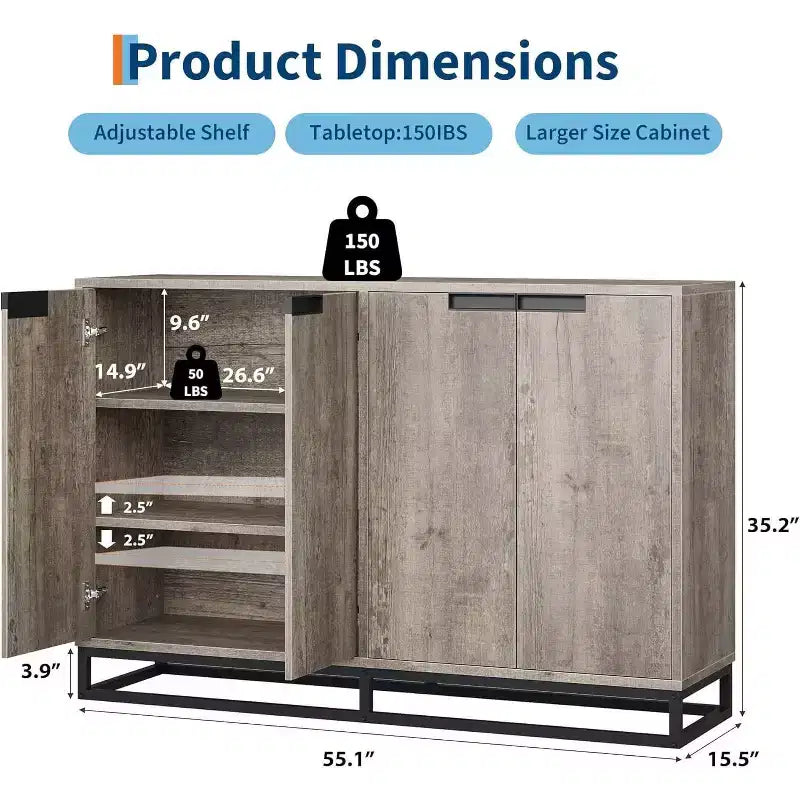 Credenza buffet moderna da 140 cm - Madia da cucina con 4 ante e ripiani regolabili per sala da pranzo