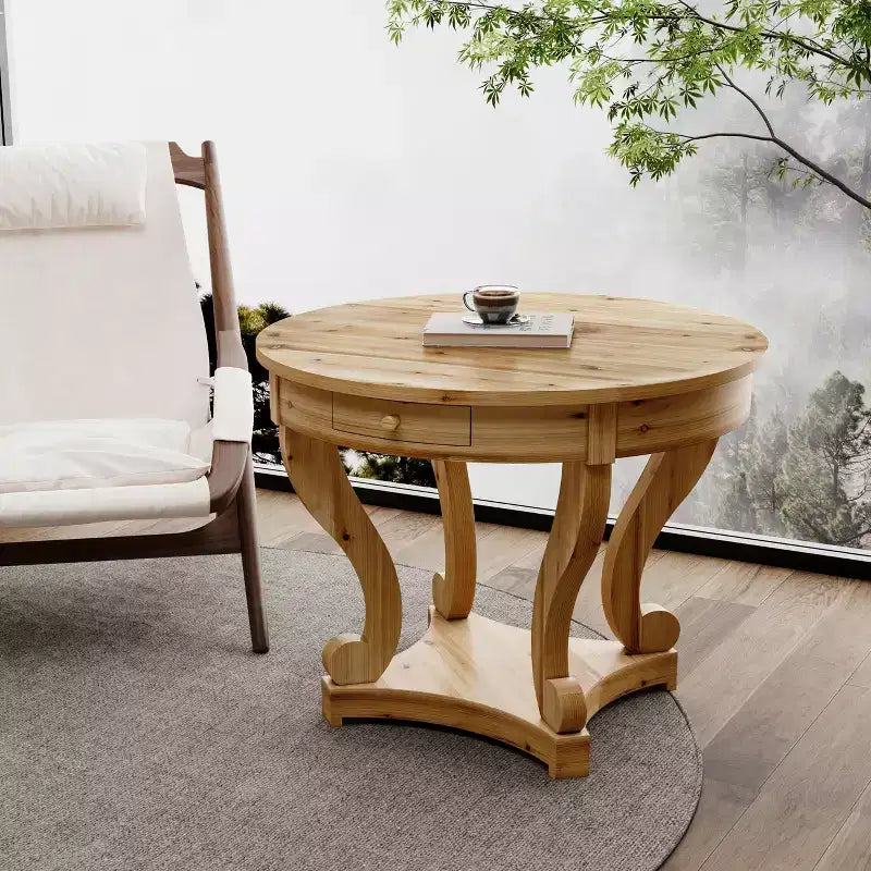 GDFStudio Nicolas Tavolo da pranzo rotondo in stile rustico di piccole dimensioni con 2 cassetti e gambe curve