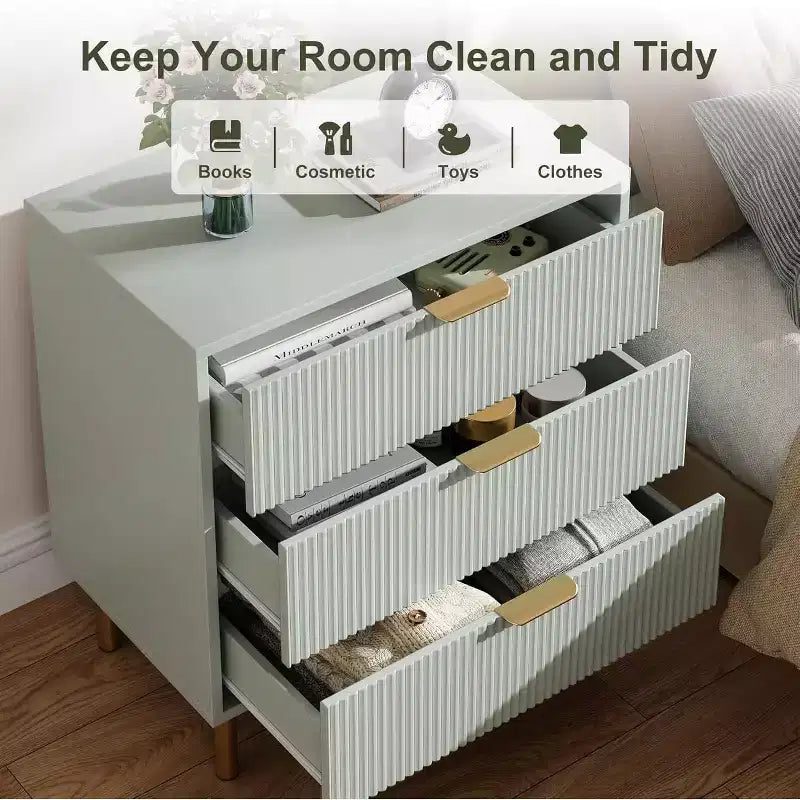 COZONY Cassettiera Moderna a 3 Cassetti per Camera da Letto, Verde con Maniglie Dorate, Organizzatore per Soggiorno, Corridoio, Ingresso
