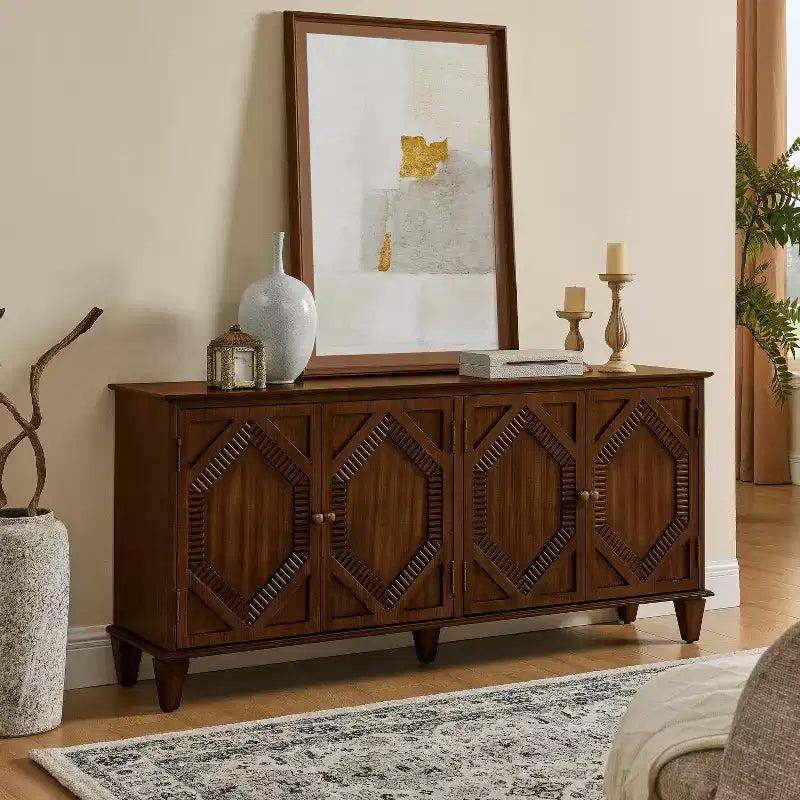Credenza Mid-Century Modern da 65.2 Pollici con Ante e Vani Contenitore, Mobile Bar/Caffè con Dettagli Geometrici per Soggiorno o Cucina