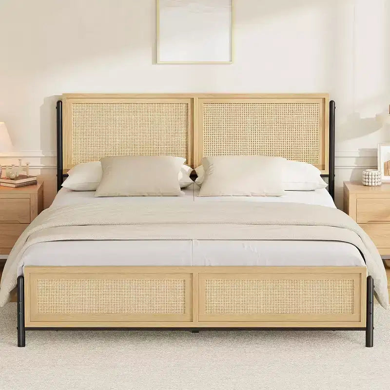 King Size Bed Frame with Rattan Headboard & Footboard, Boho Wooden Platform Bed, No Box Spring Needed, Noise-Free