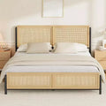 King Size Bed Frame with Rattan Headboard & Footboard, Boho Wooden Platform Bed, No Box Spring Needed, Noise-Free