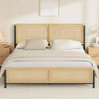 King Size Bed Frame with Rattan Headboard & Footboard, Boho Wooden Platform Bed, No Box Spring Needed, Noise-Free