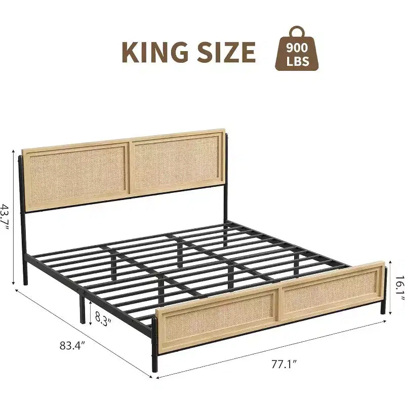 Struttura letto king size con testiera e pediera in rattan, letto a piattaforma in legno in stile boho, non richiede rete a molle, silenzioso