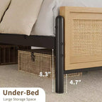 Struttura letto king size con testiera e pediera in rattan, letto a piattaforma in legno in stile boho, non richiede rete a molle, silenzioso
