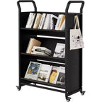 3-Tier Heavy-Duty Rolling Book Cart with Lockable Wheels Metal Storage Organizer with V-Shaped Shelves, Side Hooks, Compact Design for Home, Office