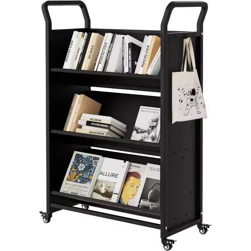 3-Tier Heavy-Duty Rolling Book Cart with Lockable Wheels Metal Storage Organizer with V-Shaped Shelves, Side Hooks, Compact Design for Home, Office