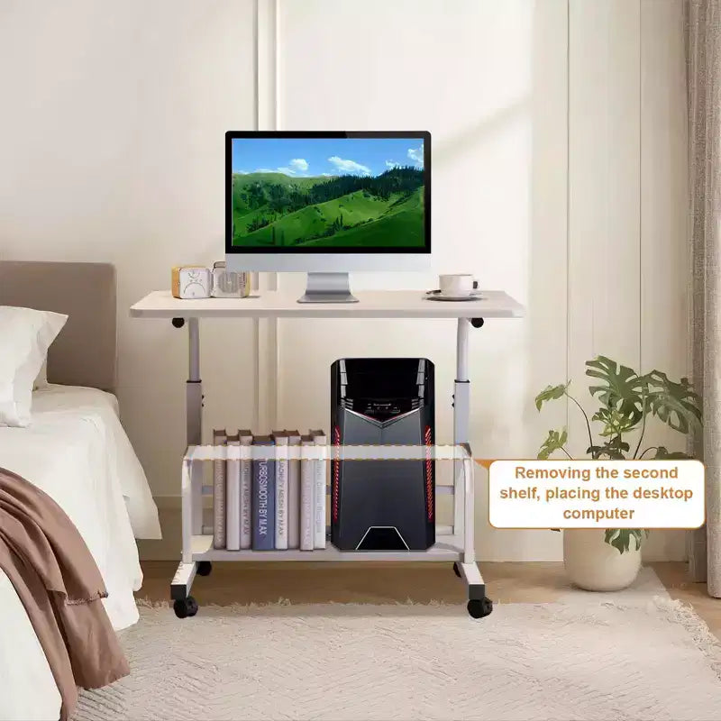 COZONY Scrivania Portatile con Ruote e Altezza Regolabile, Tavolo per Computer Mobile con Ripiani per la Casa, l'Ufficio, lo Studio e Piccoli Spazi
