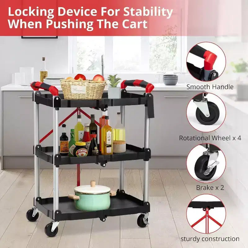 COZONY Carrello Pieghevole Utilità a 3 Livelli, Carrello di Servizio Portatile Richiudibile con Ruote, Capacità di Carico di 70 Kg, Resistente per Garage e Officina, Grigio