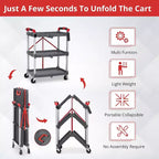 COZONY Carrello Pieghevole Utilità a 3 Livelli, Carrello di Servizio Portatile Richiudibile con Ruote, Capacità di Carico di 70 Kg, Resistente per Garage e Officina, Grigio