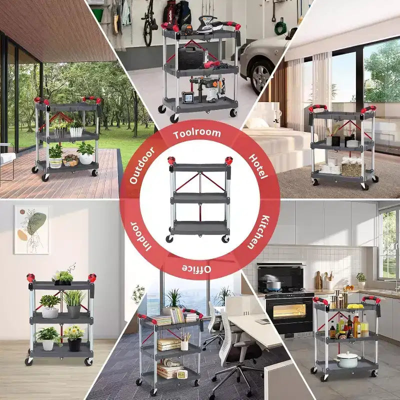 COZONY Carrello Pieghevole Utilità a 3 Livelli, Carrello di Servizio Portatile Richiudibile con Ruote, Capacità di Carico di 70 Kg, Resistente per Garage e Officina, Grigio