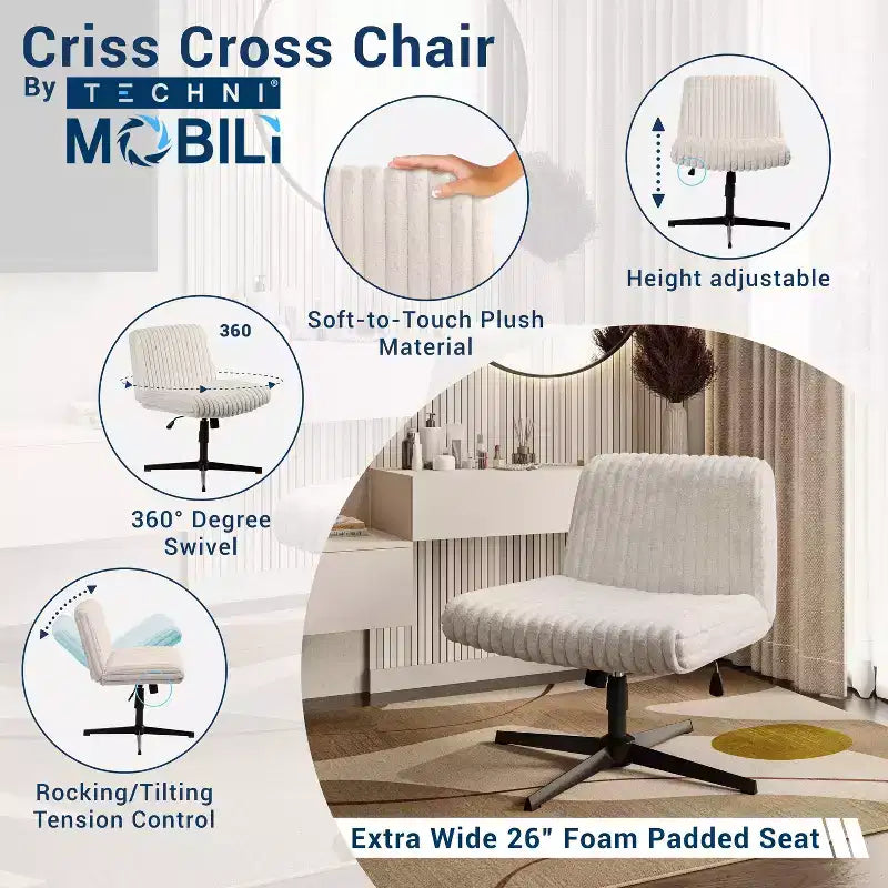 Sedia da ufficio Okak Plush Criss Cross con altezza regolabile, sedia da ufficio con seduta extra larga, sedia comoda per casa, ufficio, bianca
