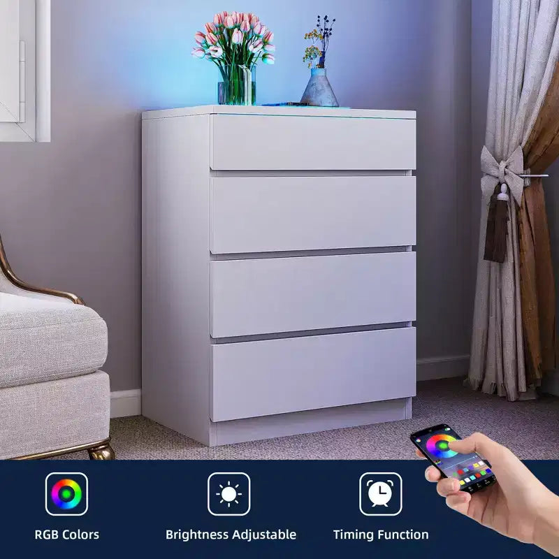 Comò moderno a 4 cassetti con piano in vetro temperato a LED, organizzatore per camera da letto e soggiorno