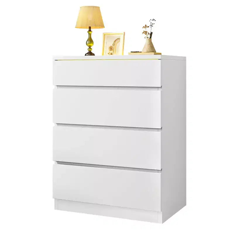 Comò moderno a 4 cassetti con piano in vetro temperato a LED, organizzatore per camera da letto e soggiorno