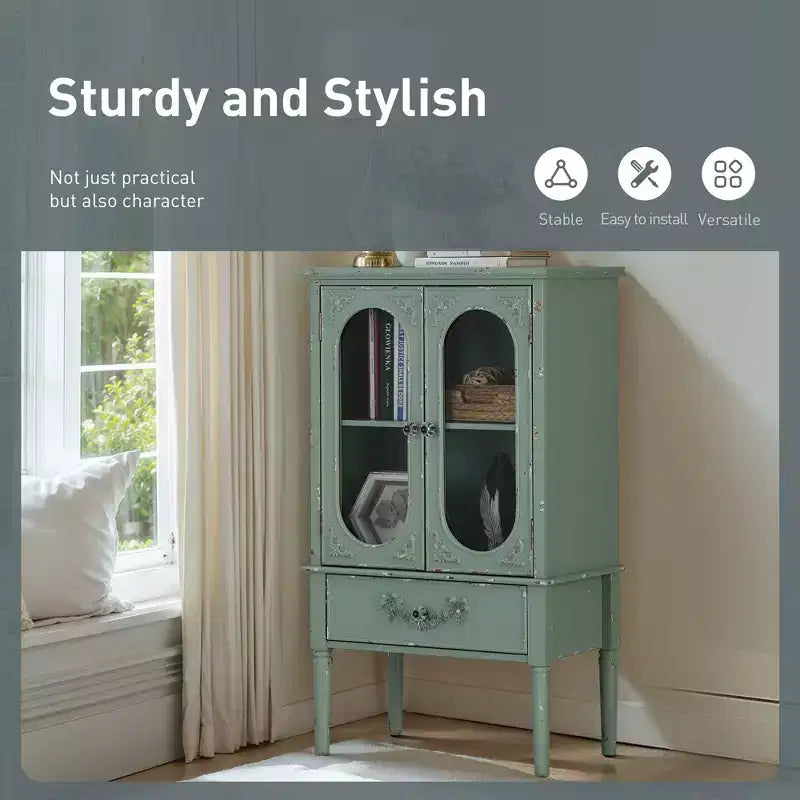 Captiva Designs Credenza a buffet laterale color verde menta antico con 2 ante in vetro e 1 cassetto per cucina e sala da pranzo