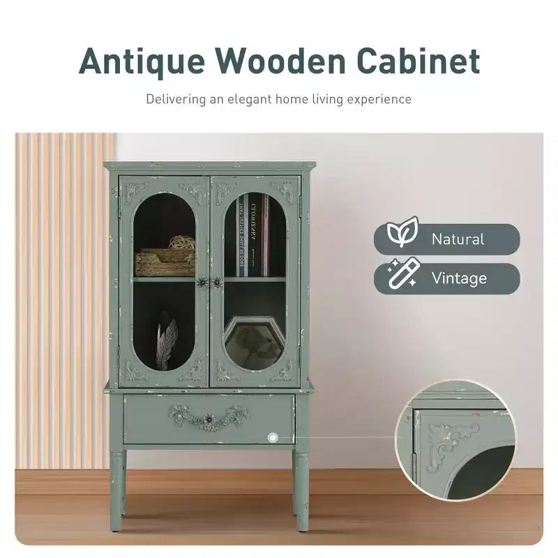 Captiva Designs Credenza a buffet laterale color verde menta antico con 2 ante in vetro e 1 cassetto per cucina e sala da pranzo
