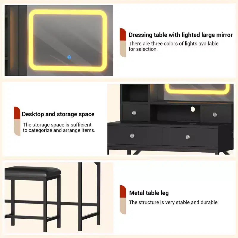 Toeletta a specchio con illuminazione regolabile su tre livelli moderna con quattro cassetti