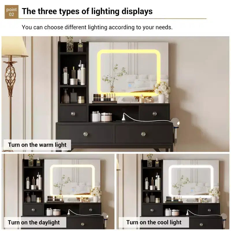 Toeletta a specchio con illuminazione regolabile su tre livelli moderna con quattro cassetti