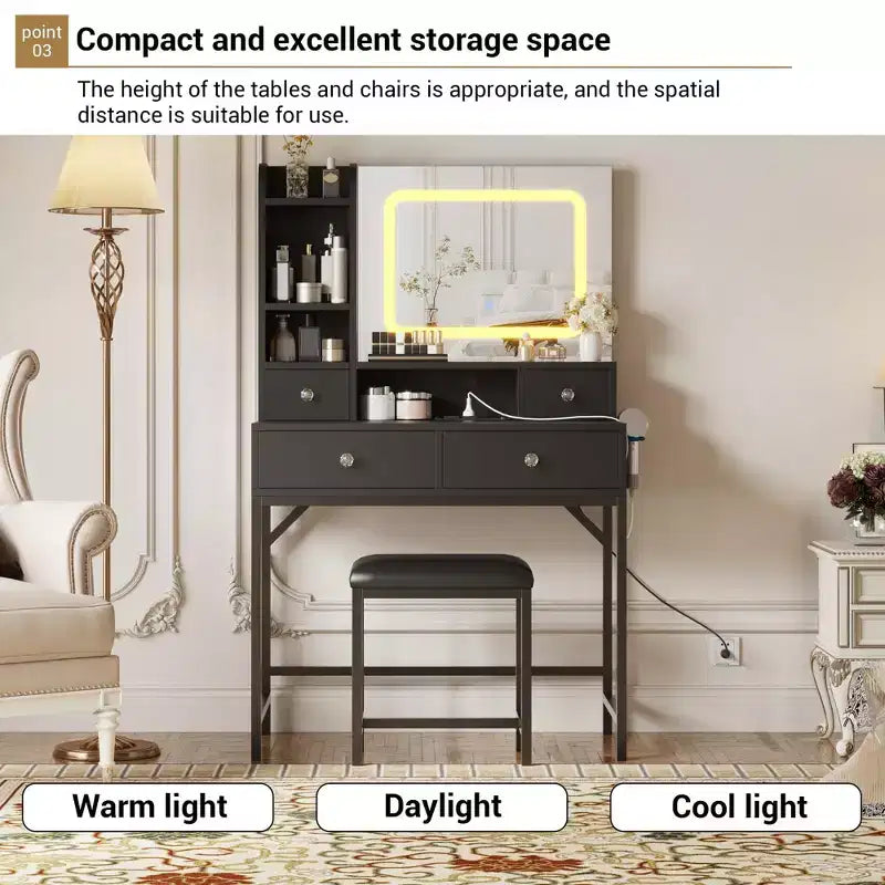 Toeletta a specchio con illuminazione regolabile su tre livelli moderna con quattro cassetti