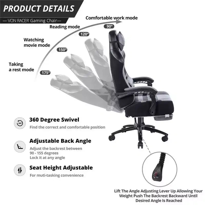 Sedia da gaming Okak High-Back, sedia da ufficio ergonomica con poggiapiedi pieghevole, sedia confortevole regolabile in altezza per studio, sala gaming
