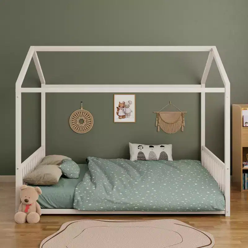 GDFStudio Avery Struttura Letto a Terra in Metallo a Grandezza Naturale con Forma a Casa e Sponde di Protezione