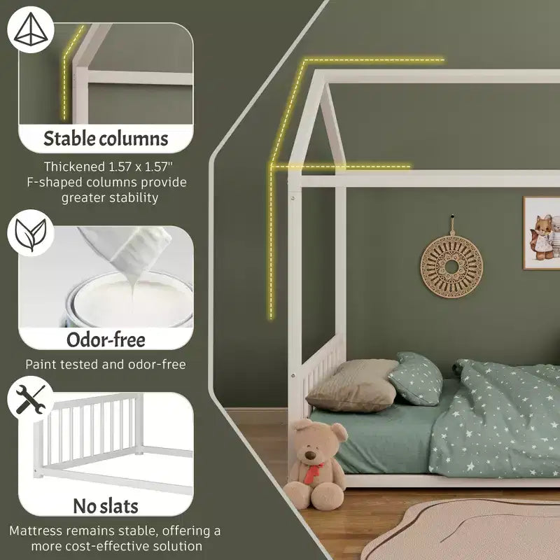 GDFStudio Avery Struttura Letto a Terra in Metallo a Grandezza Naturale con Forma a Casa e Sponde di Protezione
