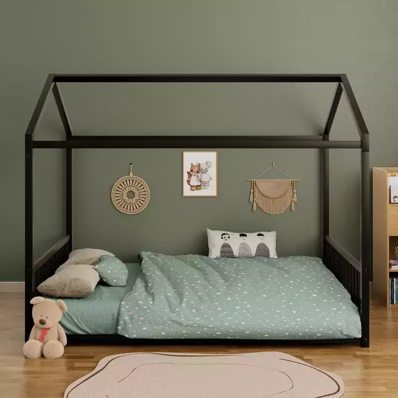 GDFStudio Avery Struttura Letto a Terra in Metallo a Grandezza Naturale con Forma a Casa e Sponde di Protezione