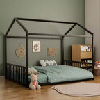 GDFStudio Avery Struttura Letto a Terra in Metallo a Grandezza Naturale con Forma a Casa e Sponde di Protezione