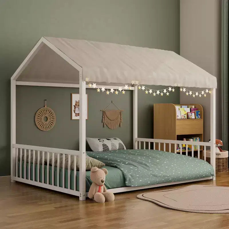 GDFStudio Avery Struttura Letto a Terra in Metallo a Grandezza Naturale con Forma a Casa e Sponde di Protezione