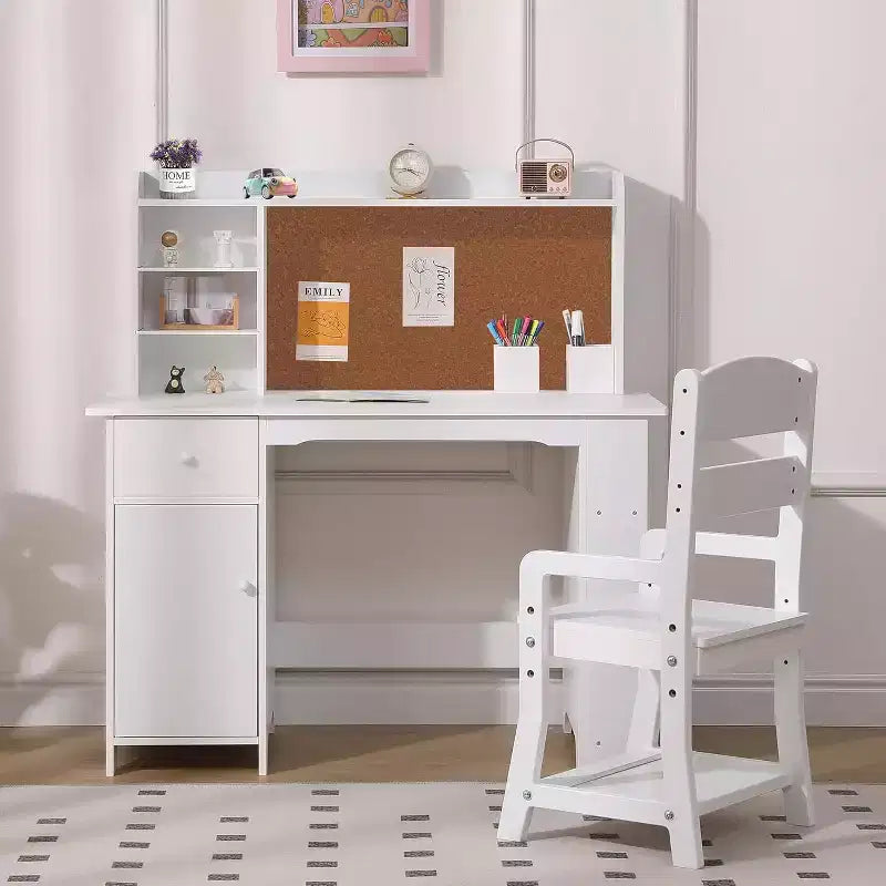 COZONY Set Scrivania e Sedia per Bambini, Scrivania da Studio in Legno con Libreria, Bacheca, Cassetto, Armadietto per Bambini e Bambine, Sedia Regolabile, per Fascia d'età 3-8 Anni