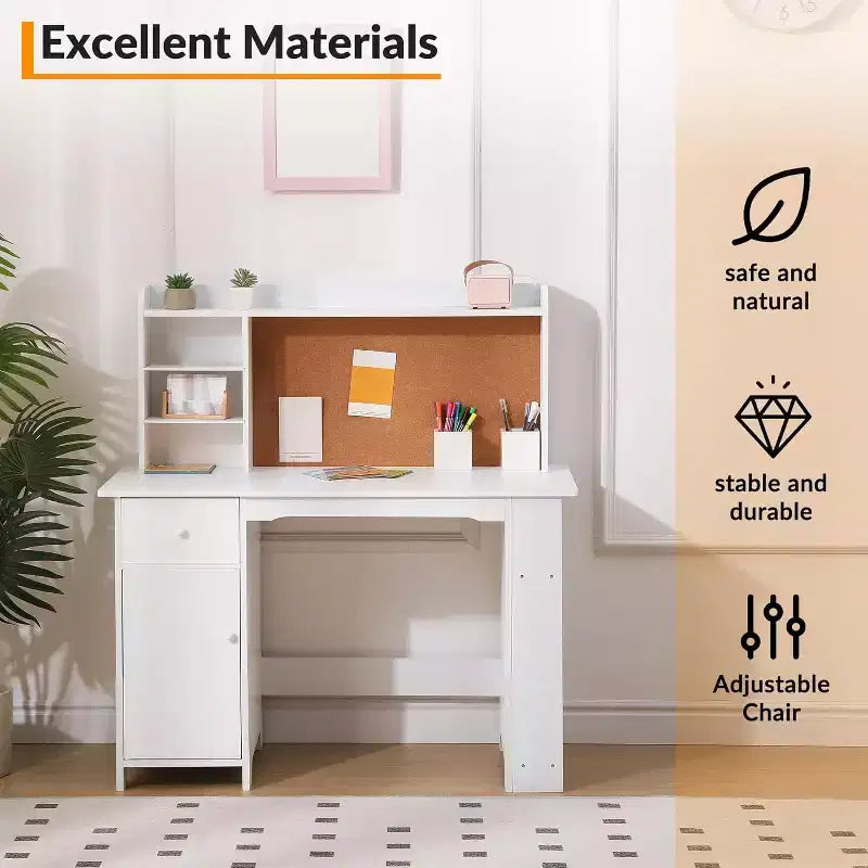 COZONY Set Scrivania e Sedia per Bambini, Scrivania da Studio in Legno con Libreria, Bacheca, Cassetto, Armadietto per Bambini e Bambine, Sedia Regolabile, per Fascia d'età 3-8 Anni