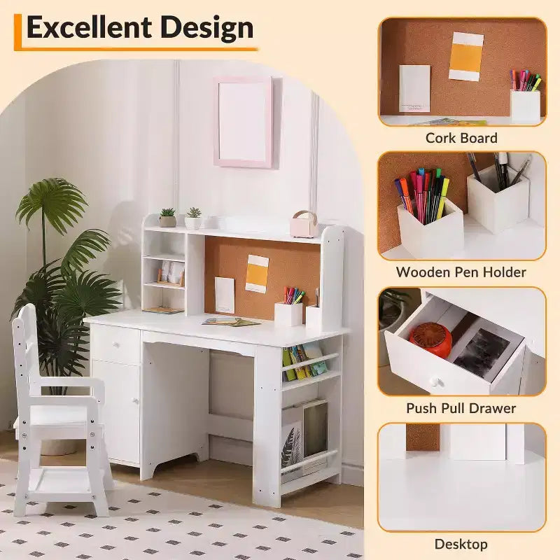 COZONY Set Scrivania e Sedia per Bambini, Scrivania da Studio in Legno con Libreria, Bacheca, Cassetto, Armadietto per Bambini e Bambine, Sedia Regolabile, per Fascia d'età 3-8 Anni