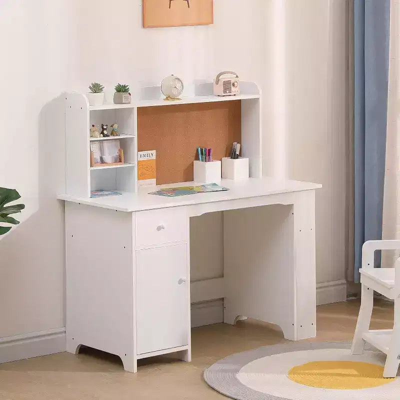 COZONY Set Scrivania e Sedia per Bambini, Scrivania da Studio in Legno con Libreria, Bacheca, Cassetto, Armadietto per Bambini e Bambine, Sedia Regolabile, per Fascia d'età 3-8 Anni