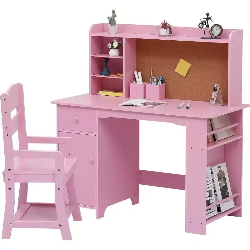 COZONY Set Scrivania e Sedia per Bambini, Scrivania da Studio in Legno con Libreria, Bacheca, Cassetto, Armadietto per Bambini e Bambine, Sedia Regolabile, per Fascia d'età 3-8 Anni