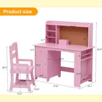 COZONY Set Scrivania e Sedia per Bambini, Scrivania da Studio in Legno con Libreria, Bacheca, Cassetto, Armadietto per Bambini e Bambine, Sedia Regolabile, per Fascia d'età 3-8 Anni
