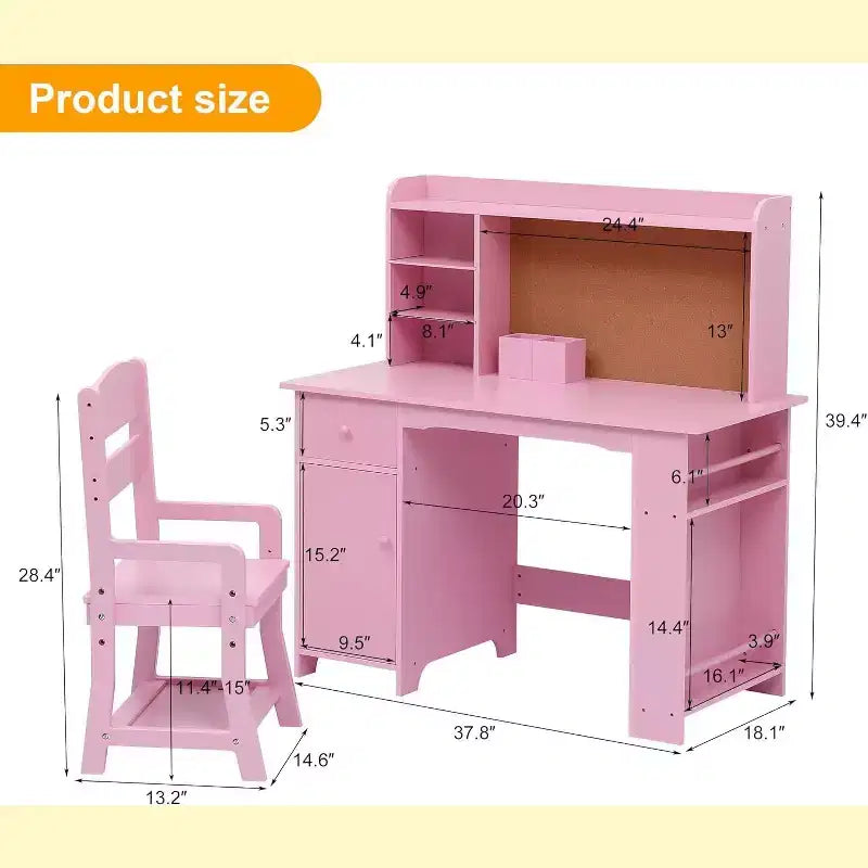 COZONY Set Scrivania e Sedia per Bambini, Scrivania da Studio in Legno con Libreria, Bacheca, Cassetto, Armadietto per Bambini e Bambine, Sedia Regolabile, per Fascia d'età 3-8 Anni