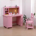 COZONY Set Scrivania e Sedia per Bambini, Scrivania da Studio in Legno con Libreria, Bacheca, Cassetto, Armadietto per Bambini e Bambine, Sedia Regolabile, per Fascia d'età 3-8 Anni