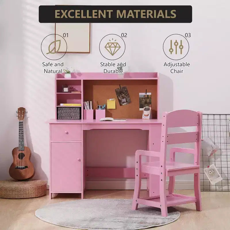 COZONY Set Scrivania e Sedia per Bambini, Scrivania da Studio in Legno con Libreria, Bacheca, Cassetto, Armadietto per Bambini e Bambine, Sedia Regolabile, per Fascia d'età 3-8 Anni