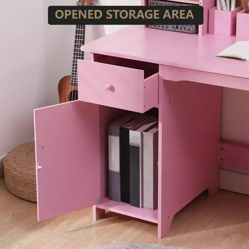 COZONY Set Scrivania e Sedia per Bambini, Scrivania da Studio in Legno con Libreria, Bacheca, Cassetto, Armadietto per Bambini e Bambine, Sedia Regolabile, per Fascia d'età 3-8 Anni
