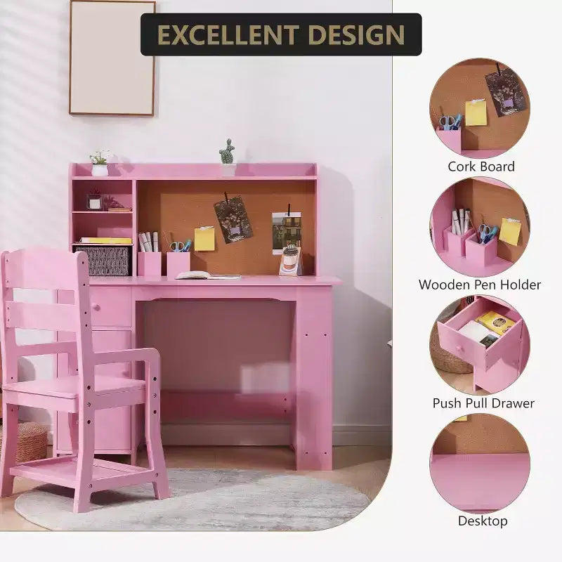 COZONY Set Scrivania e Sedia per Bambini, Scrivania da Studio in Legno con Libreria, Bacheca, Cassetto, Armadietto per Bambini e Bambine, Sedia Regolabile, per Fascia d'età 3-8 Anni