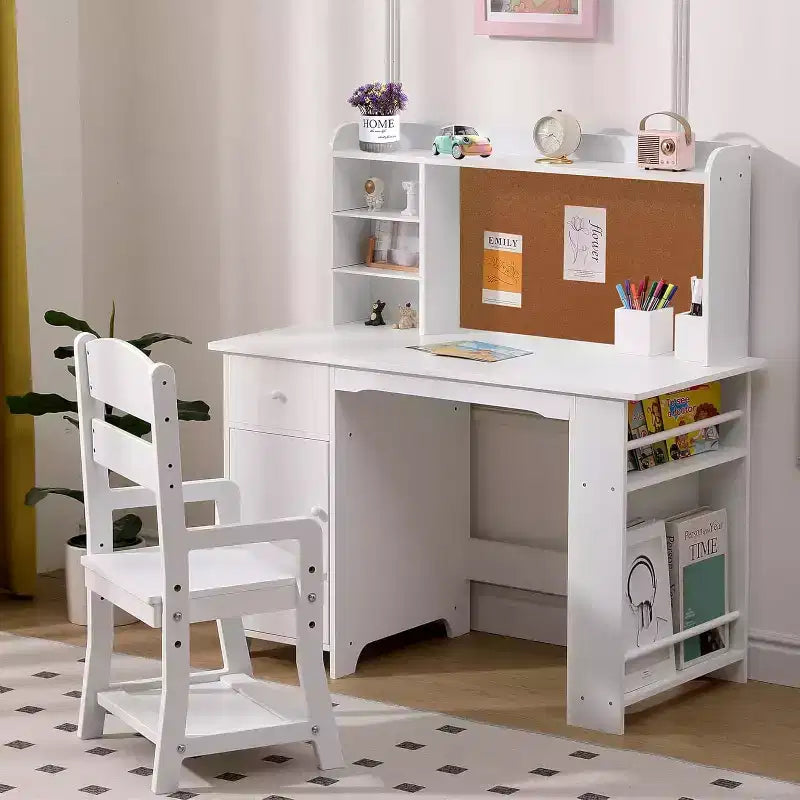 COZONY Set Scrivania e Sedia per Bambini, Scrivania da Studio in Legno con Libreria, Bacheca, Cassetto, Armadietto per Bambini e Bambine, Sedia Regolabile, per Fascia d'età 3-8 Anni