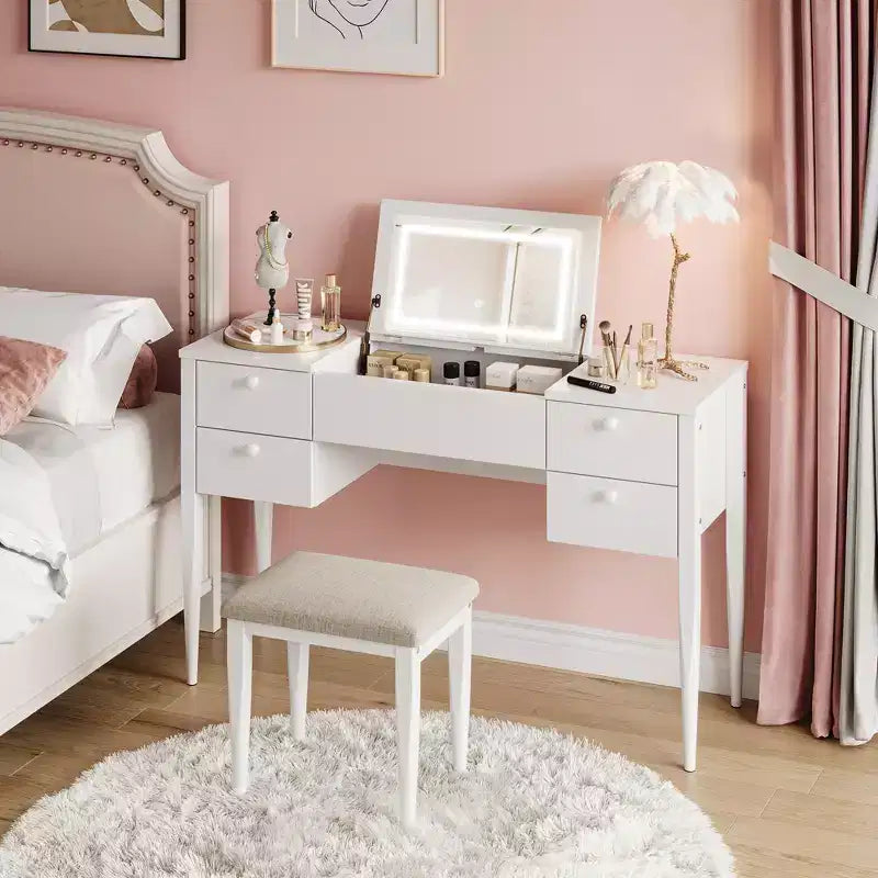 47,2 Toeletta Trucco con Luci, Sgabello, Piano Ribaltabile e Specchio per Camera da Letto