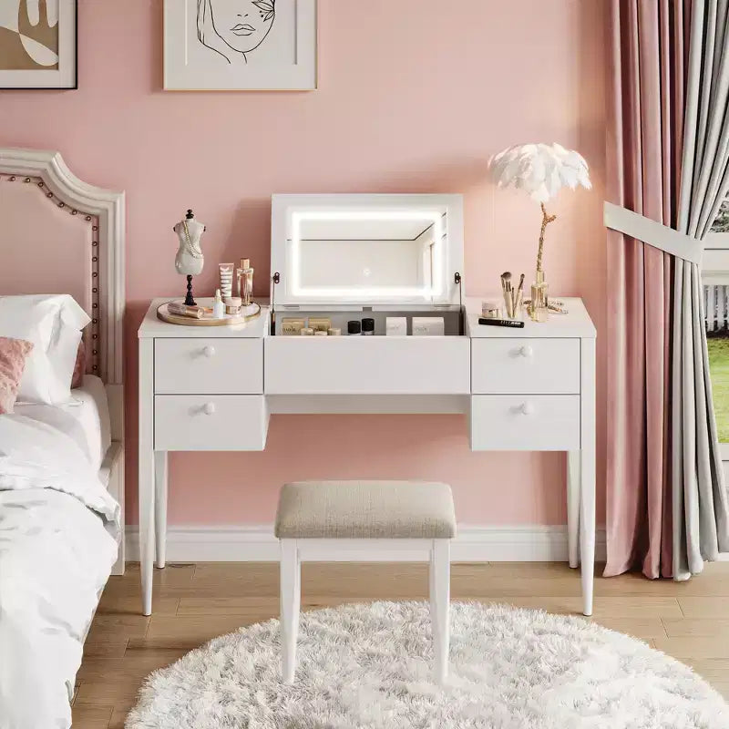 47,2 Toeletta Trucco con Luci, Sgabello, Piano Ribaltabile e Specchio per Camera da Letto
